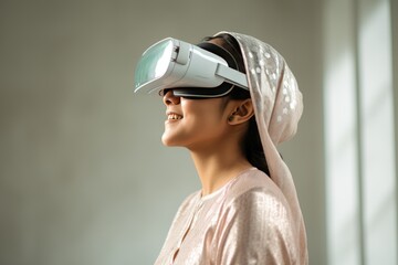 Young woman enjoying a virtual reality experience with a smile A fictional character created by Generated AI. 