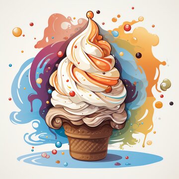 a vibrant and whimsical illustration of a large, swirled ice cream cone with multiple layers of different colors, set against an abstract background filled with splashes