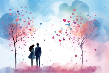 Delicate watercolor drawing of a couple in nature on Valentine's Day. - obrazy, fototapety, plakaty