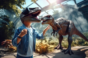 Young boy stands confidently in front of a menacing dinosaur exhibit A fictional character created...
