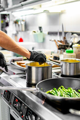 Chef hands cooking cheese sauce in the restaurant kitchen