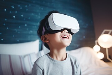 A happy young boy enjoying his time with a VR headset A fictional character created by Generated AI. 