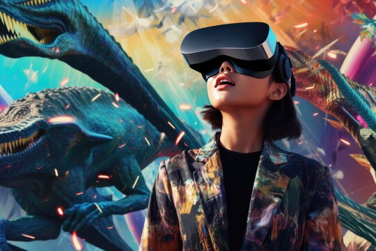 A woman exploring a prehistoric world through virtual reality A fictional character created by Generated AI. 