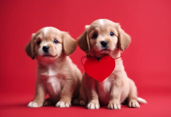 Innamorati Pelosi- Coppia di Cuccioli in una Cartolina di San Valentino con un Cuore Rosso al collo - obrazy, fototapety, plakaty