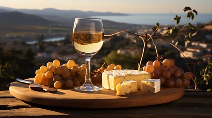 Grape wine in glass, bunch of grapes on the table and cheese with a vineyard in the background