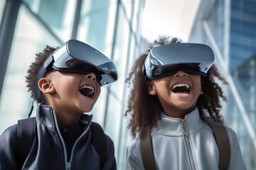 Two Children Laughing and Having Fun with Virtual Reality Headsets A fictional character created by Generated AI. 