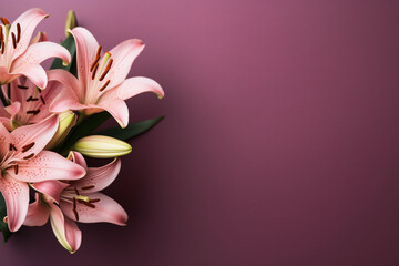 Woman's day, Mothers day, anniversary, marriage, birthday concept. Top view of beautiful lilies...