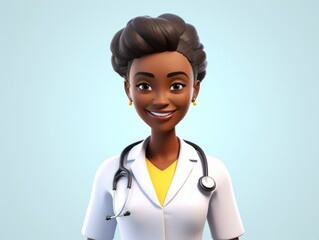 3D Woman Doctor. African american female character. Simple cartoon fun afro person with stethoscope and uniform