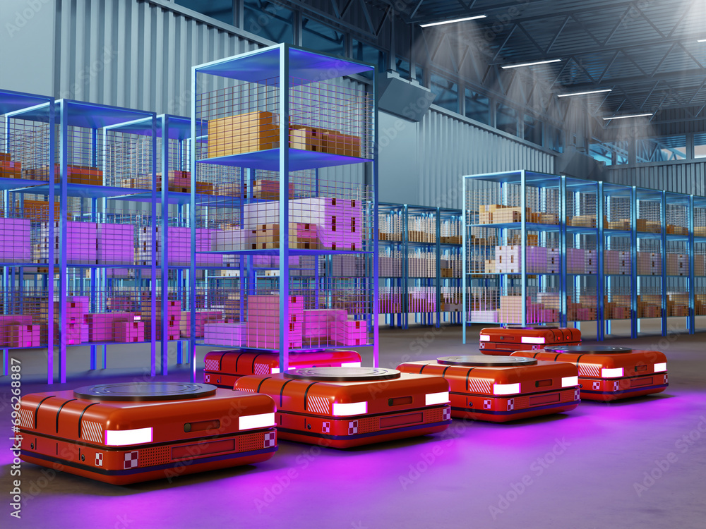 Poster automated warehouse. autonomous mobile robots inside storage hangar. automated guided vehicles near 