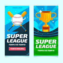 Flat sport stadium vertical banner template collection with baseball ball and golden trophy in a...