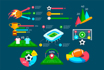Flat sport stadium infographic template with sport objects and statistic
