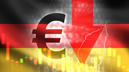 Eurozone crisis. Fall of German economy. Down arrow near German flag. Graph shows decrease in GDP growth rates. Economic crisis in Germany. Euro currency inflation. German financial crisis. 3d image - obrazy, fototapety, plakaty