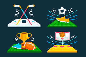Flat sports stadium mini illustration collection with different super leagues