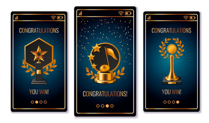 Realistic luxury golden awards app design template collection