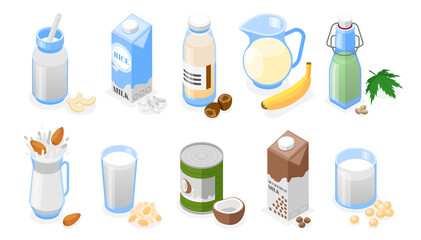 Isometric vegan milk packaging with different types of organic milk and their ingredients