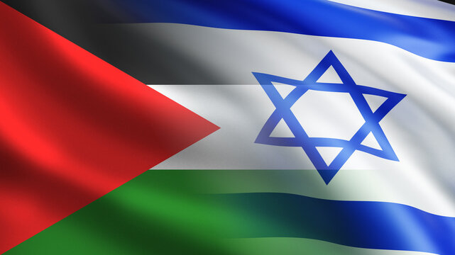 Palestine and Israel. Political flags states of middle east. Diplomatic relations between Palestine and Israel. National symbol Israel. Wavy flag of Palestine. International relationships. 3d image