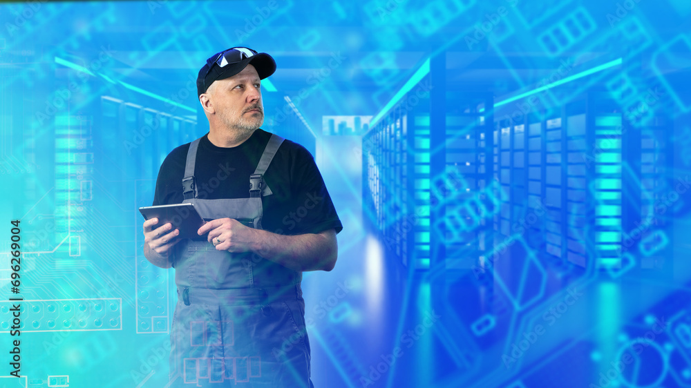 Aufkleber man in room with server equipment. hosting company engineer. data center service specialist. system 