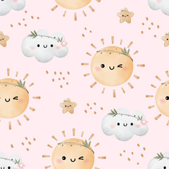 Seamless pattern scandinavian sky Boho sun cloud star Clothing kids Fabric print