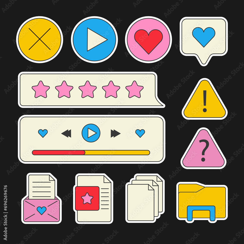 Poster set of retro stickers. 90s retro vaporwave old desktop user interface elements. cute nostalgic compu