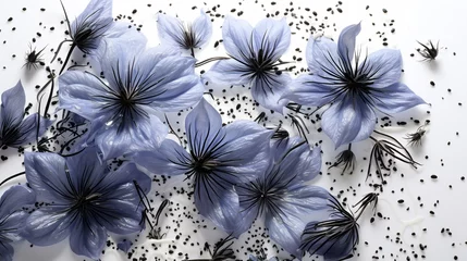 Fotobehang On a white backdrop, black cumin seeds with nigella sativa, flower, Generative AI. © Retu