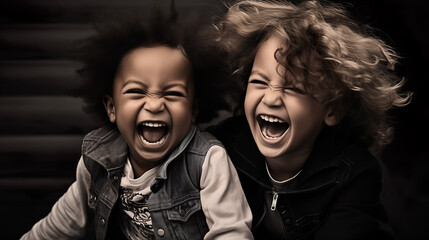 Two laughing and smiling children are playing together - happy kids laughing together | Generative AI - obrazy, fototapety, plakaty