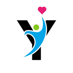 Health Care Logo On Letter Y Love, Heart Symbol. Charity Logotype