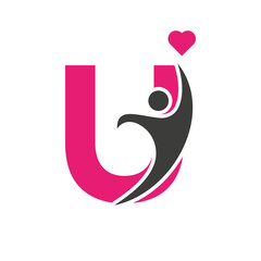 Health Care Logo On Letter U Love, Heart Symbol. Charity Logotype - obrazy, fototapety, plakaty