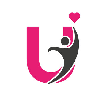 Health Care Logo On Letter U Love, Heart Symbol. Charity Logotype