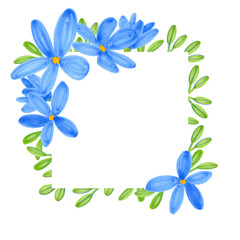 Border frame of blue flax flowers, green leaves. Hand drawn illustration by markers background. Wildflowers. Isolated. Botanical hand painted floral elements. For posters, card, your design.