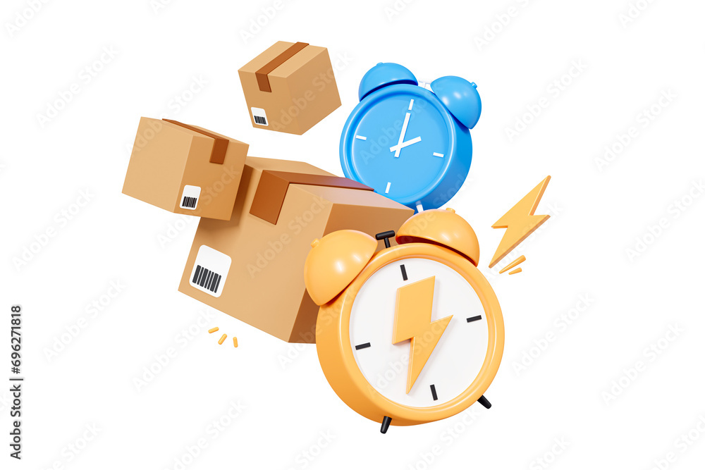 Aufkleber 3d fast delivery concept. cardboard boxes with alarm clock. express shipping service. quick move. fl