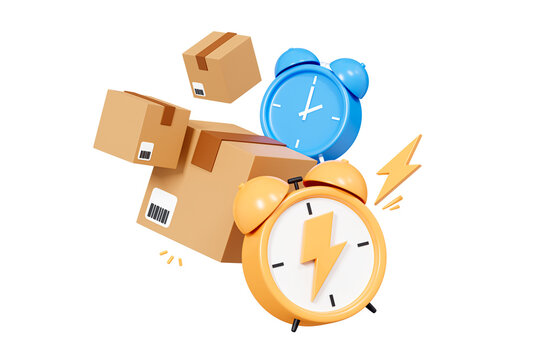 3D Fast delivery concept. Cardboard boxes with alarm clock. Express shipping service. Quick move. Floating parcel boxes. Cartoon creative design icon isolated on white background. 3D Rendering