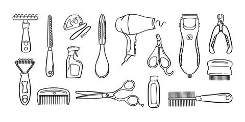 Pet grooming set. Salon for animals. Doodle style animal and character hand drawn. Vector illustration.