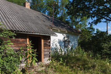 Old wooden doors of yellow color. Ancient Ukrainian architecture