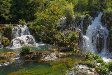 Milancev Buk waterfall at Martin Brod in Una-Sana Canton, Federation of Bosnia and Herzegovina. Located within the Una National Park, it is also known as Veliki Buk or Martinbrodski