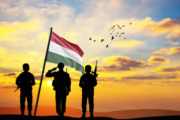 Silhouettes of soldiers with the Hungary flag stand against the background of a sunset or sunrise. Concept of national holidays. Commemoration Day.