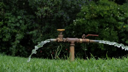 Water sprays from a dual water supply for the necessary irrigation of a garden.