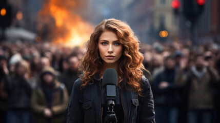 Breaking news female journalists cover live war protest events for news media and stand-up television news headlines.
