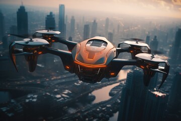 Futuristic drone flying over the city, drone quadcopter with digital camera Ai generated