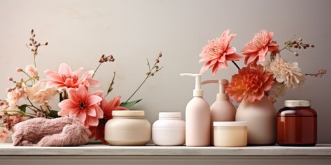 display setup of flowers and soap bottles on bathroom or toilet mirror shelf for cosmetics