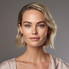 Fototapeta premium A woman with beautiful blonde hair and a gentle smile A fictional character created by Generated AI. 