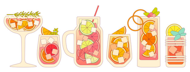 Vector flat illustration with gradient and outline. Alcoholic cold drink with citrus fruits. Cocktail set in glass. Liquid in tall glasses and tumbler glass. Margarita. Non-alcoholic beverage for bar