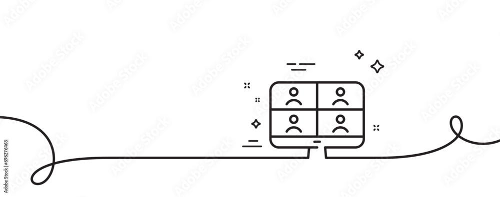 Poster virtual conference line icon. continuous one line with curl. online training sign. video team presen