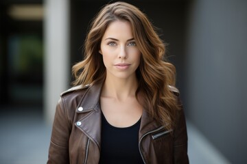 Attractive brunette woman in a leather jacket A fictional character created by Generated AI.  - obrazy, fototapety, plakaty