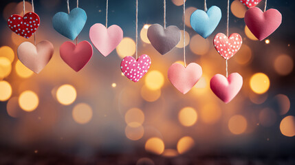 Valentine's Day background. Heart shape decor on a blurred Background for Valentine's Day. Romantic heart shape hanging for Valentine's Day celebration. Celebrate love with heart shape. - obrazy, fototapety, plakaty