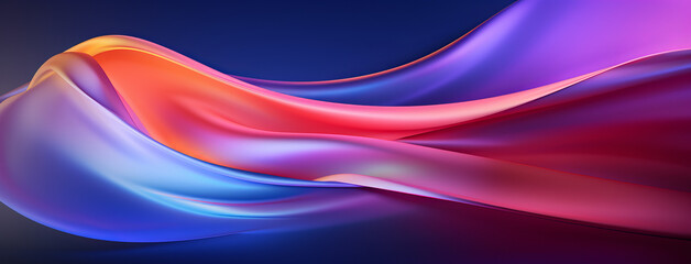 Colorful light waves and smooth abstract curves on a dark purple and light navy, luxurious fabric background. Windows wallpaper, banner.
