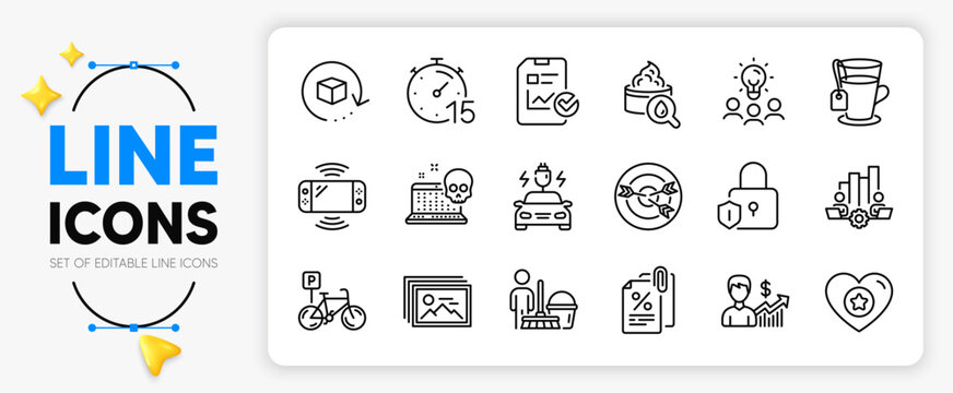Heart, Timer and Teamwork chart line icons set for app include Return package, Game console, Image gallery outline thin icon. Cyber attack, Targeting, Car charging pictogram icon. Vector