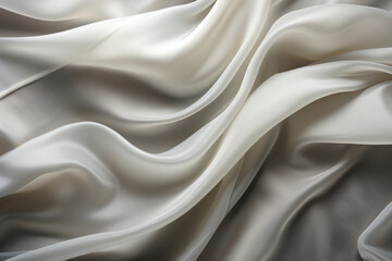 White satin fabric, flowing textured background. Silky textured, minimalist and abstract, light grey.
