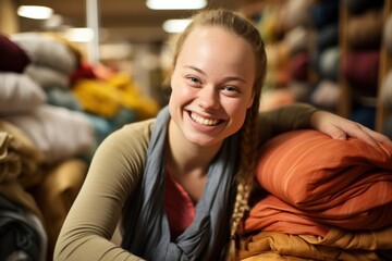 Happy woman with intellectual disability working as warehouse worker,