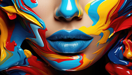 Vivid swirls of paint cascade over facial features, blending art and identity in a colorful dance.