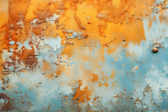 Orange and teal metal, wooden surface covered in rust or old flaking textured paintwork, old aged pattern background